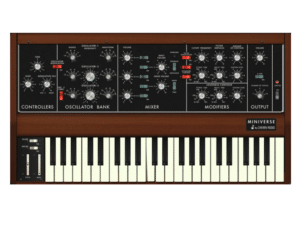 A vintage-style analog synthesizer with black and white keys, wooden side panels, and a control panel featuring knobs and switches—an ideal addition to any studio and one of the best gift ideas for musicians.